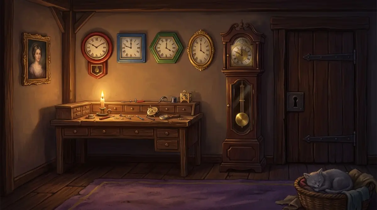 Décor d'escape game à jouer à la maison : l'atelier de l'horloger à la bougie